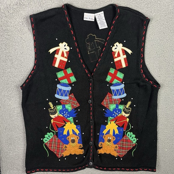 Bobbie Brooks Sweaters - VTG Bobbie Brooks Christmas Sweater Vest Black Presents Gifts Button Womens XL